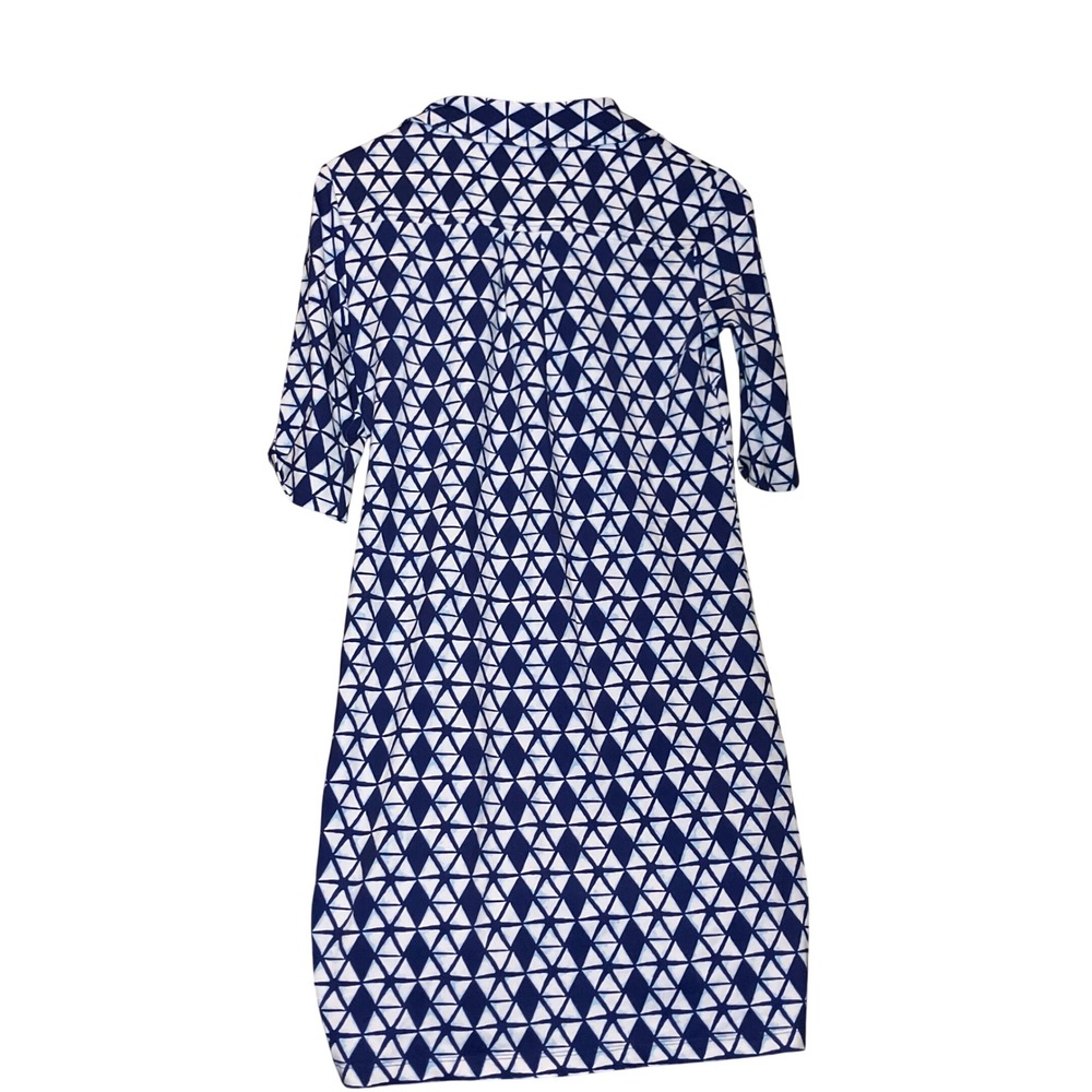 J.McLaughlin Shirt Dress Women S Navy White Geometric Triangle Roll Tab Sleeve - Picture 9 of 11
